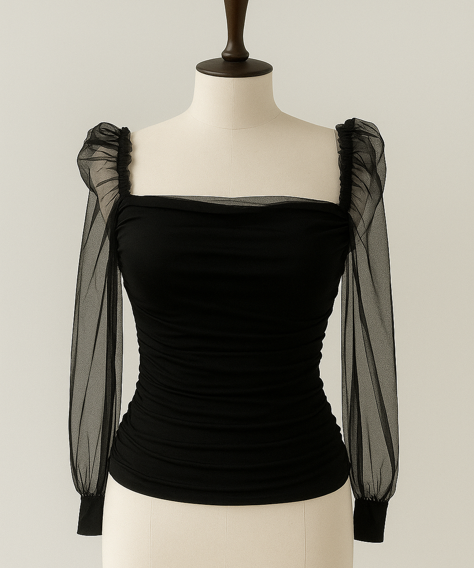 Women's Sheer Puff Sleeve Ruched Slim Fit Top