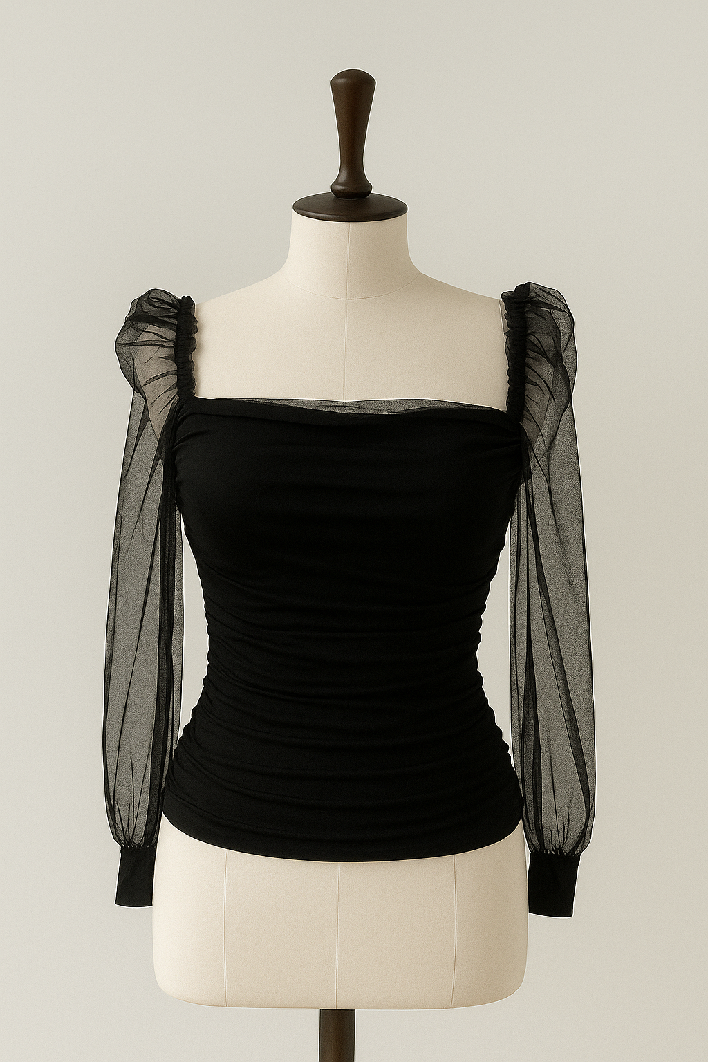 Women's Sheer Puff Sleeve Ruched Slim Fit Top