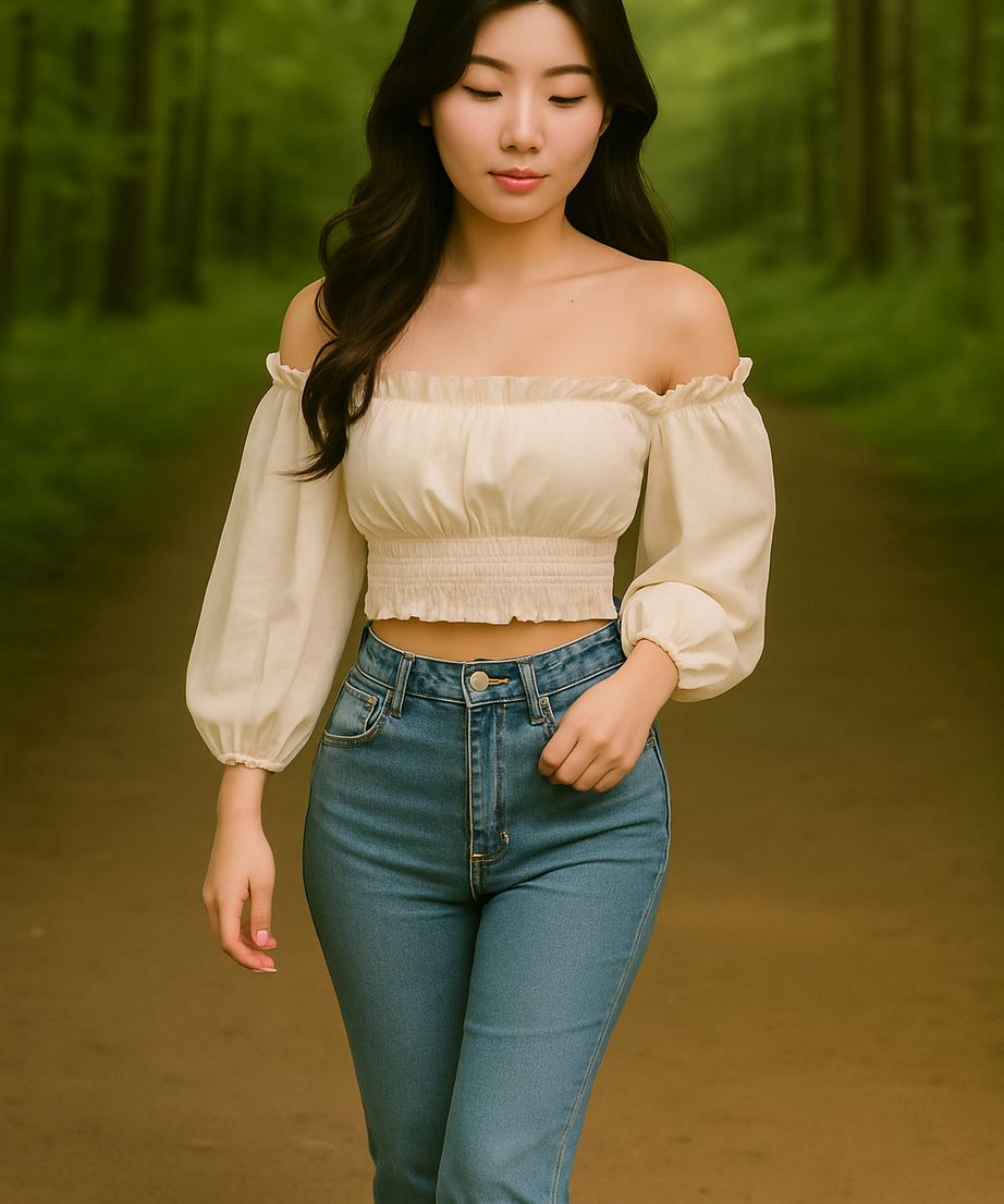 Women's Off-Shoulder Puff Sleeve Crop Top – Cream