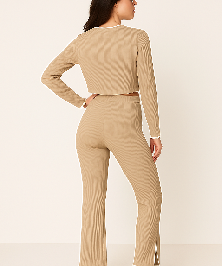 Women's Ribbed Two-Piece Lounge Set with White Trim