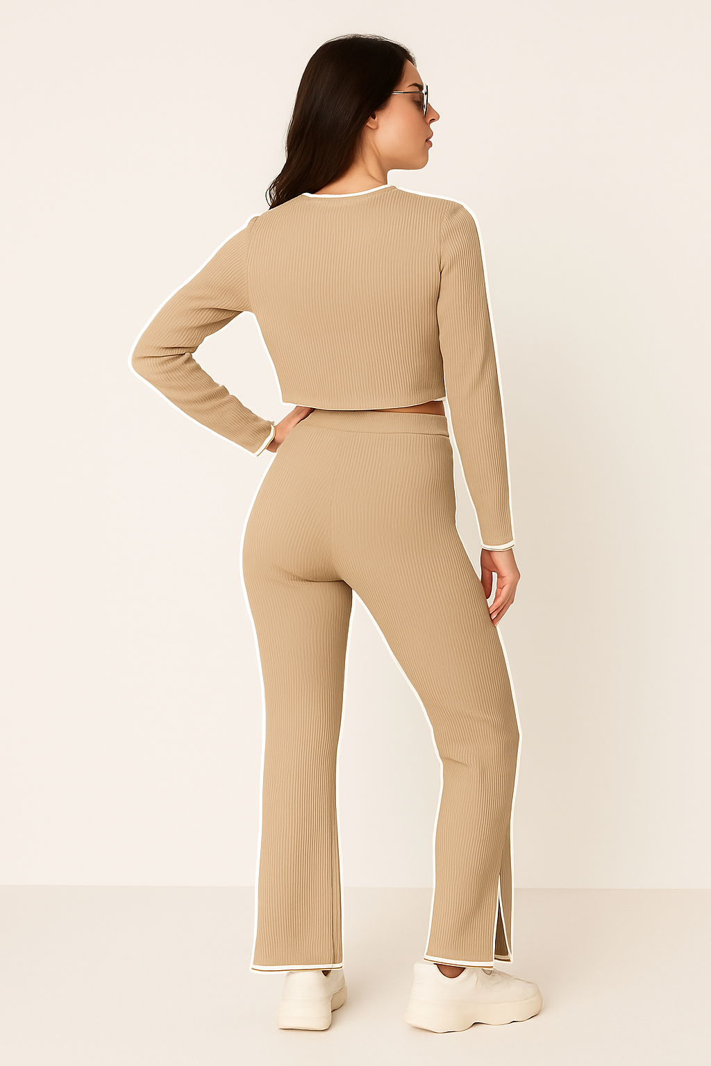Women's Ribbed Two-Piece Lounge Set with White Trim