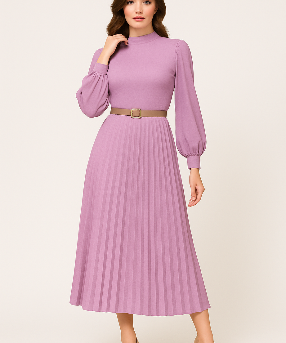 Women's Pleated High-Neck Belted Midi Dress