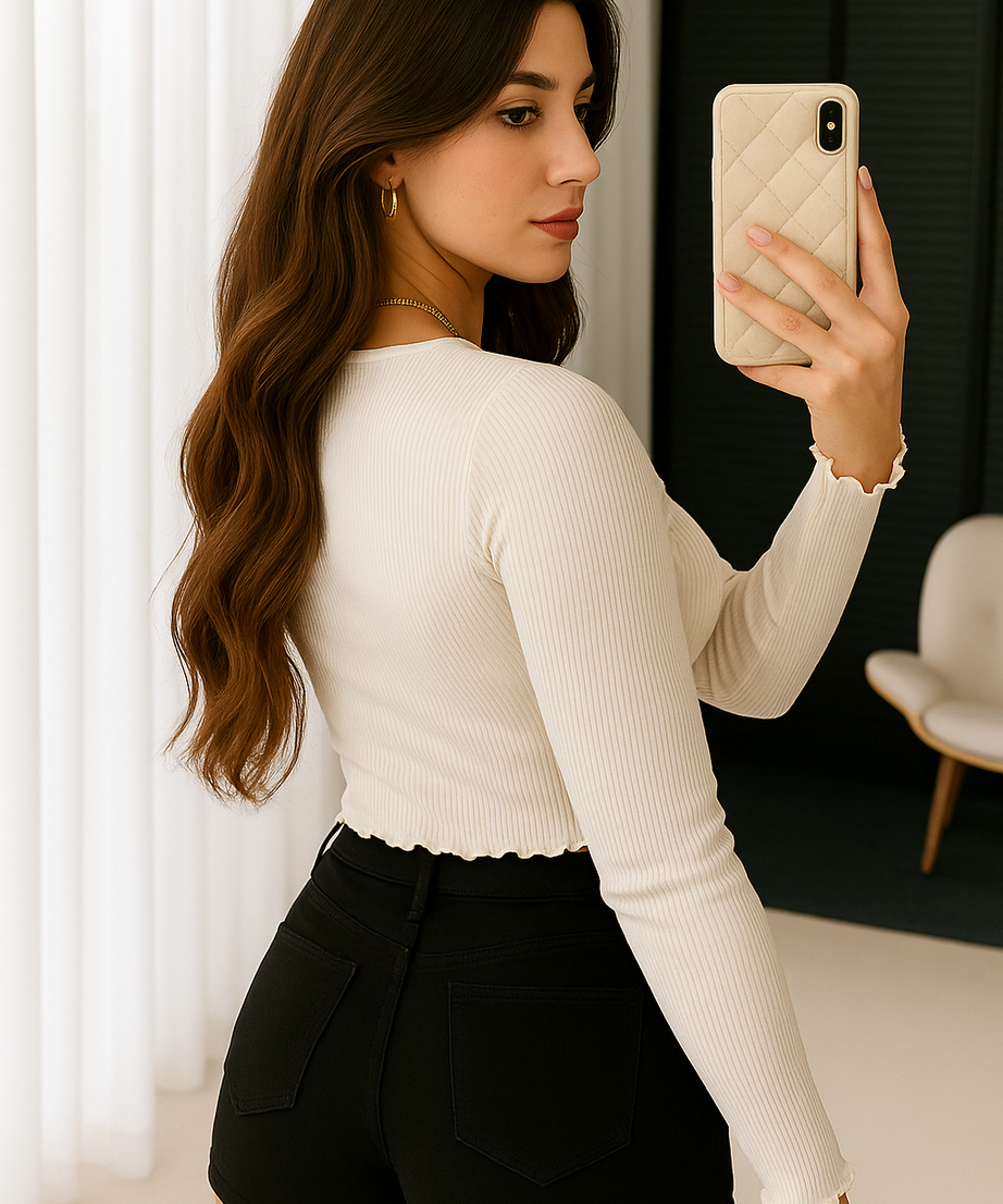Women’s White Ribbed Lace-Trim Buttoned Top