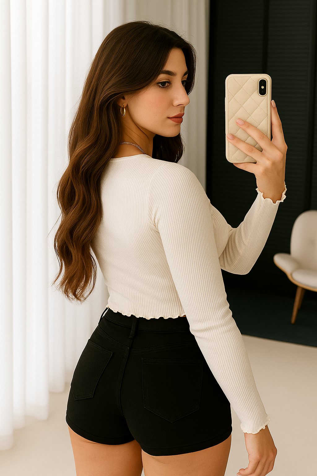 Women’s White Ribbed Lace-Trim Buttoned Top