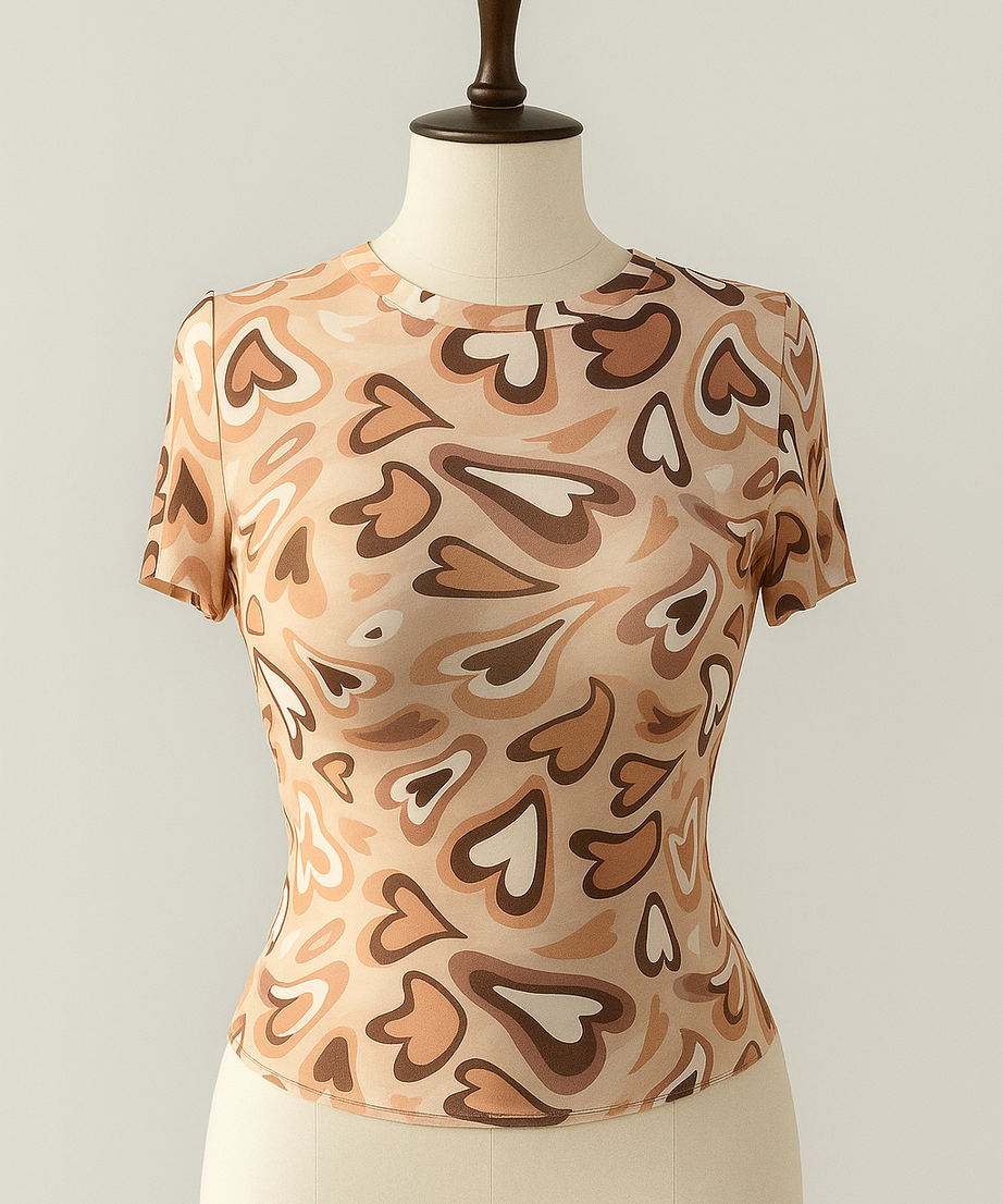 Women's Retro Heart-Print Fitted Mesh Top