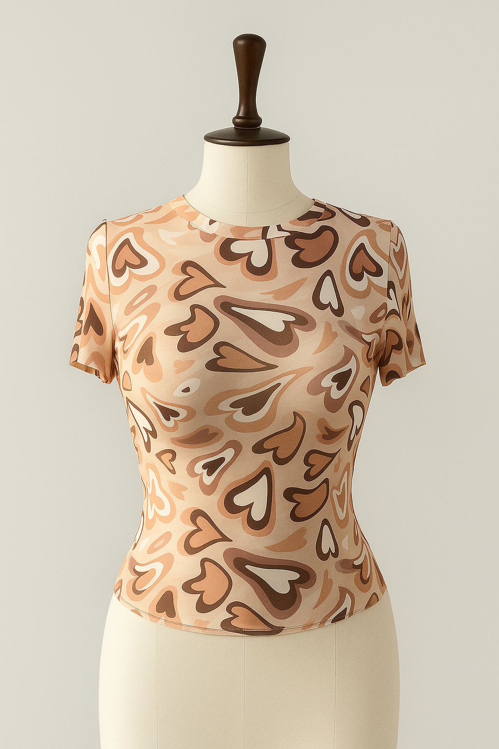 Women's Retro Heart-Print Fitted Mesh Top