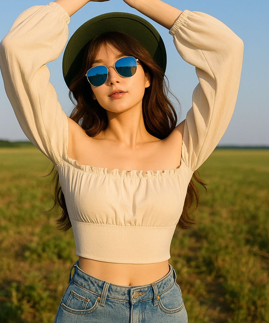 Women's Off-Shoulder Puff Sleeve Crop Top – Cream