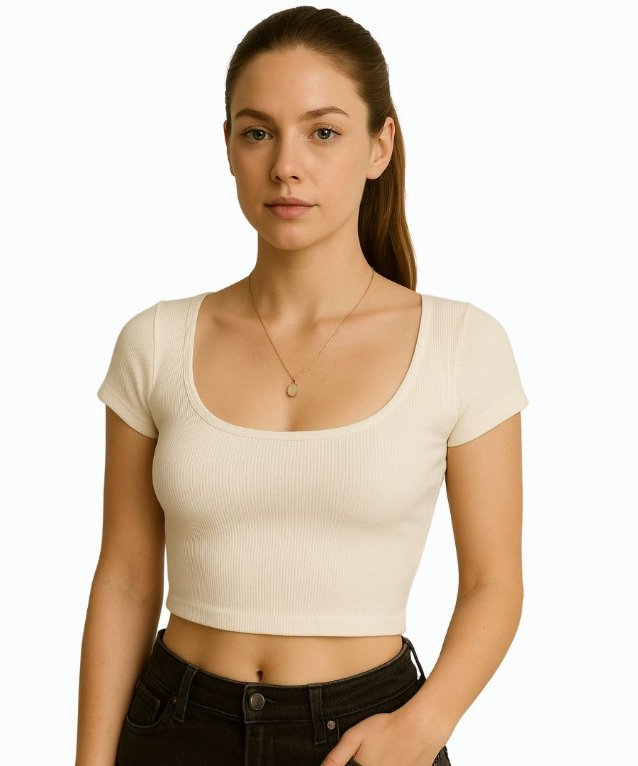 Short Sleeve Ribbed Crop Top – Square Neck