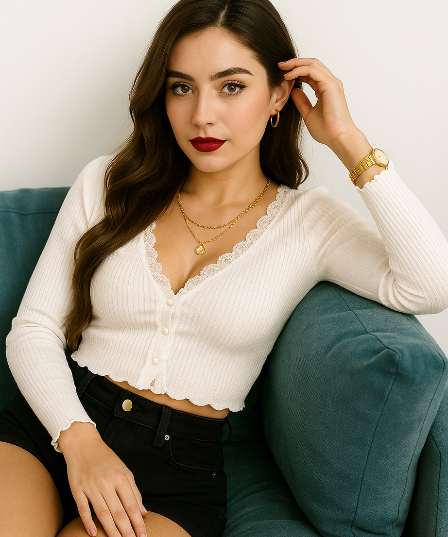 Women’s White Ribbed Lace-Trim Buttoned Top