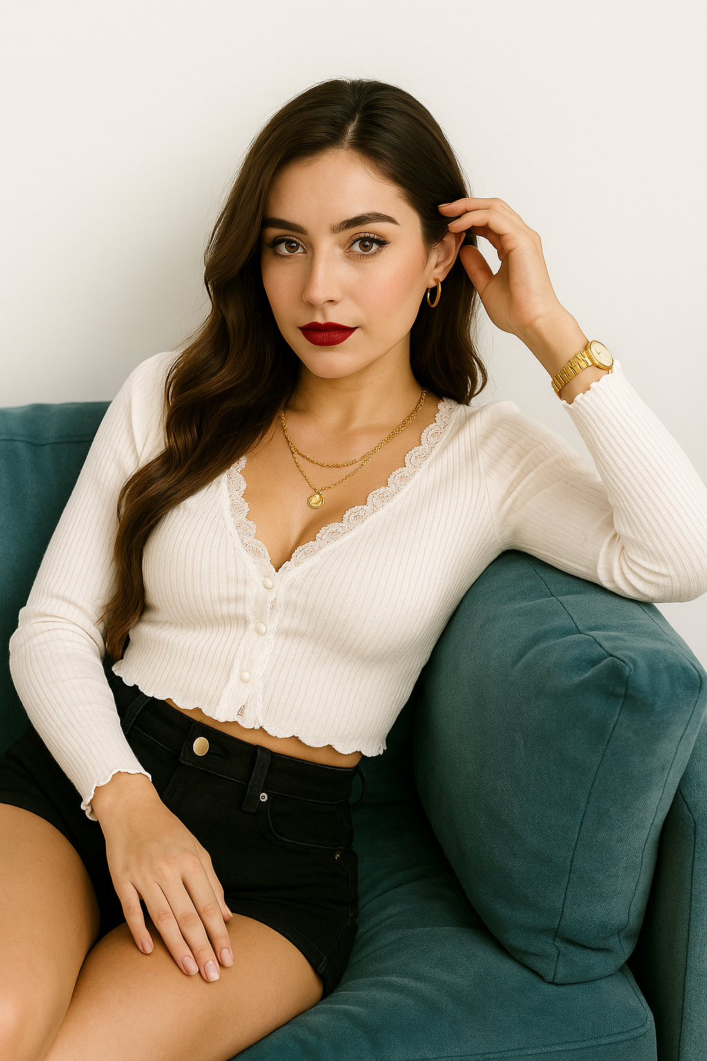 Women’s White Ribbed Lace-Trim Buttoned Top