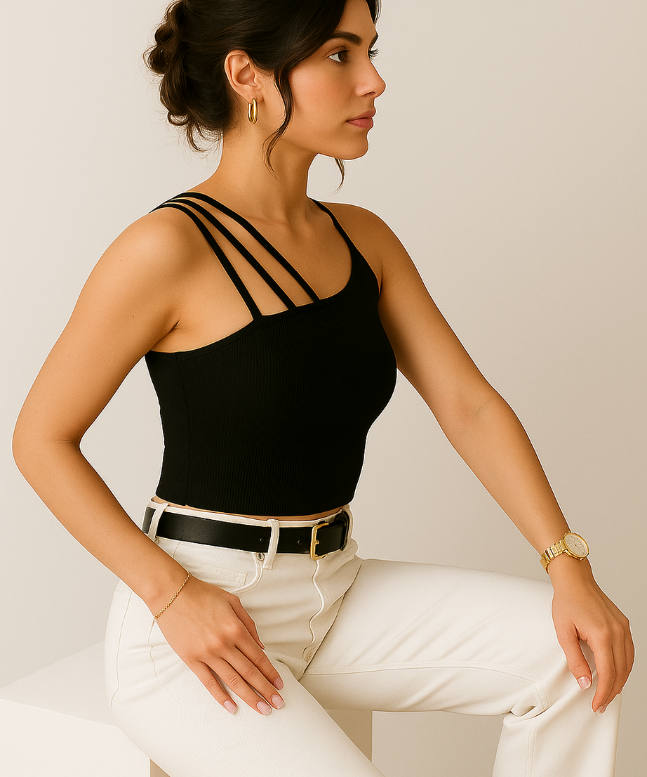 Women’s Black Asymmetric Strap Tank Top