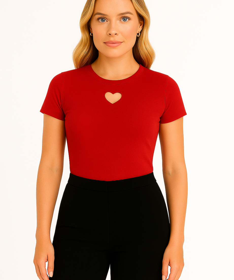 Women's Heart Cutout Crew Neck Slim Fit Tee