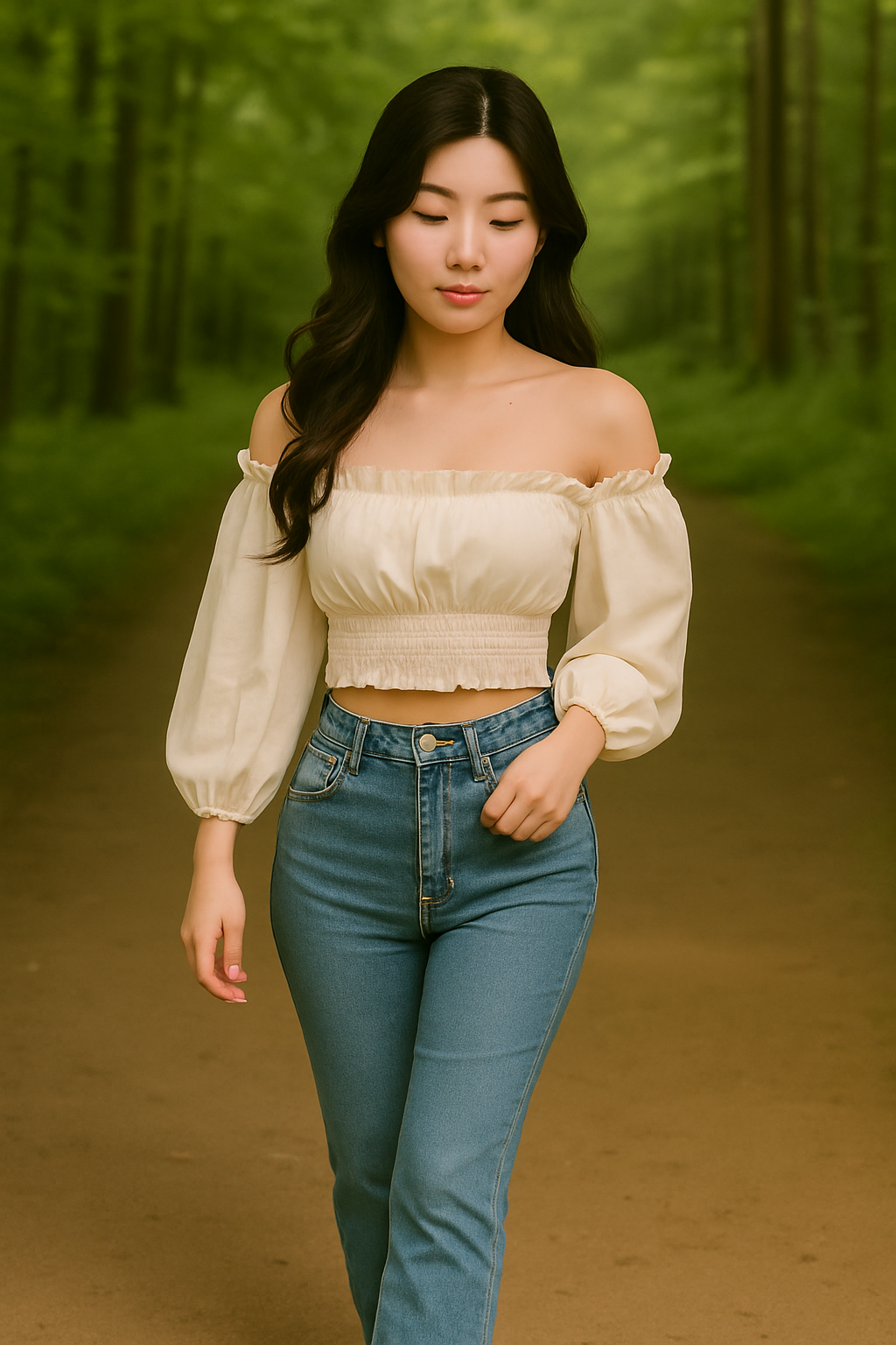 Women's Off-Shoulder Puff Sleeve Crop Top – Cream