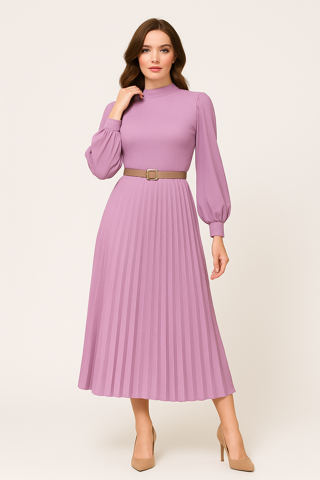 Women's Pleated High-Neck Belted Midi Dress