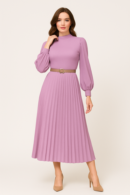 Women's Pleated High-Neck Belted Midi Dress