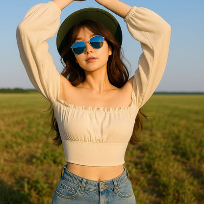 Women's Off-Shoulder Puff Sleeve Crop Top – Cream