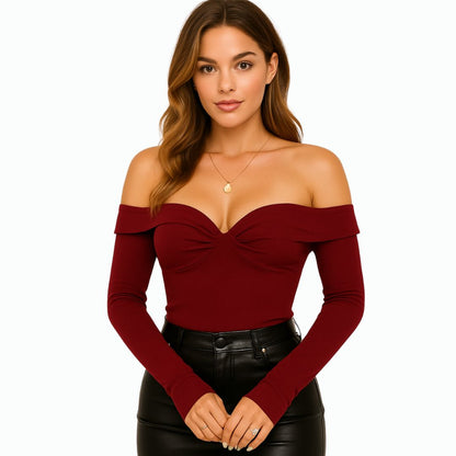 Women's Off-Shoulder Cross V-Neck Long Sleeve Top