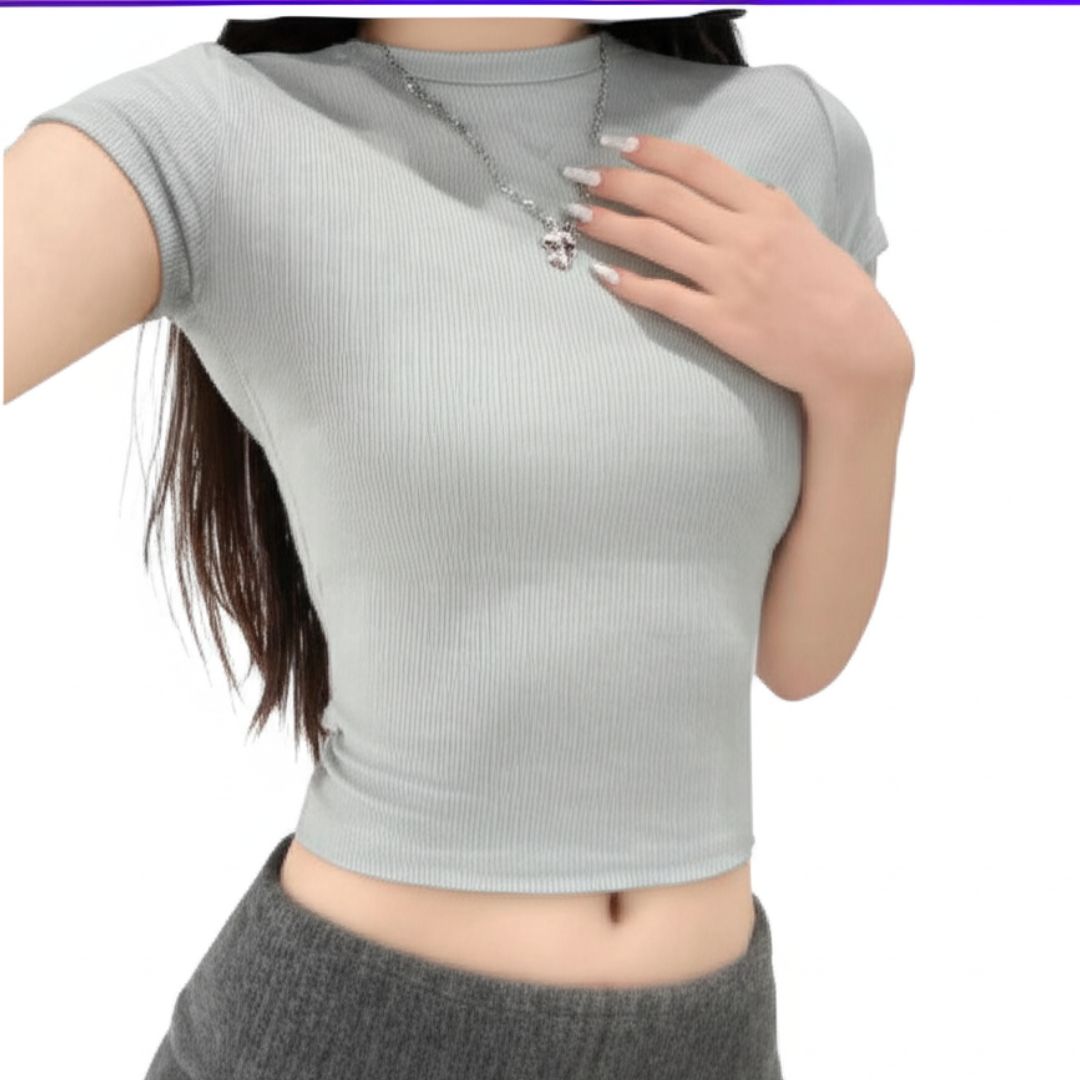 Short Sleeve Ribbed Crop Top – Crew Neck