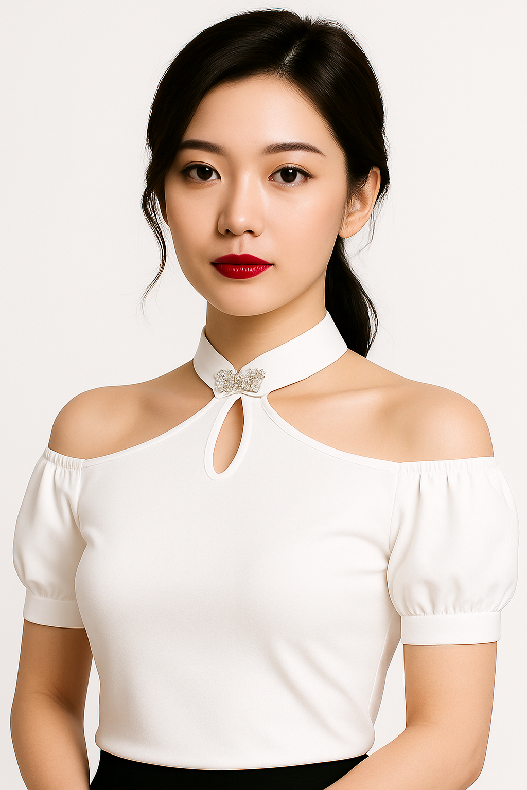 Women's Cold Shoulder Choker Keyhole Slim Fit Top