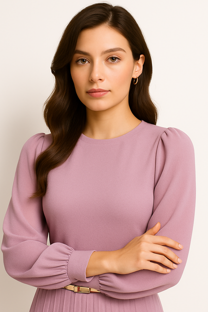 Women's Pleated High-Neck Belted Midi Dress